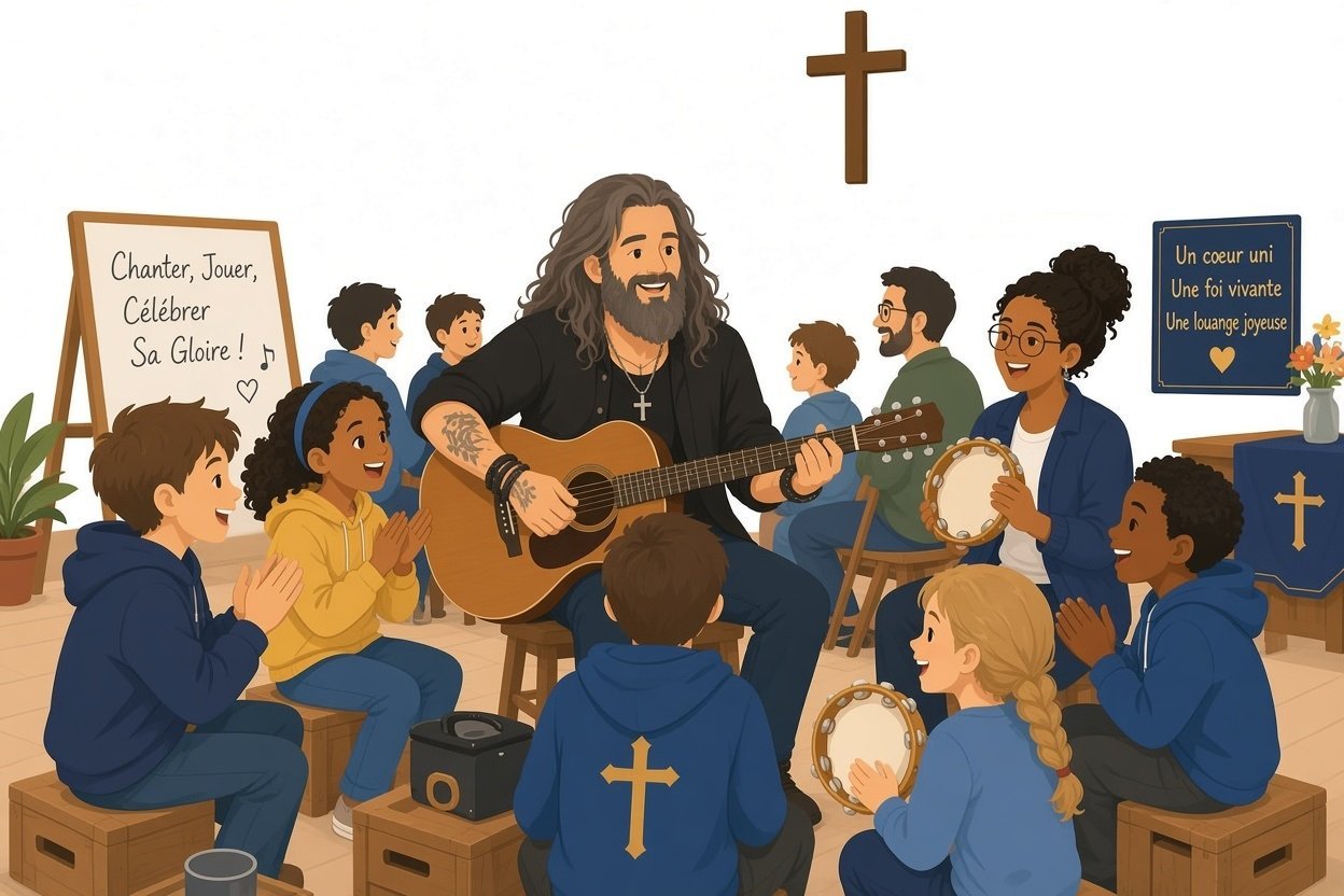 Atelier de louange : un musicien à la guitare entouré d'enfants et d'adultes qui chantent